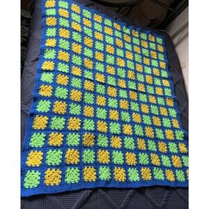 Green Blue Yellow Crochet Granny Square Afghan Quilt Throw Blanket 47 X 54 Clean